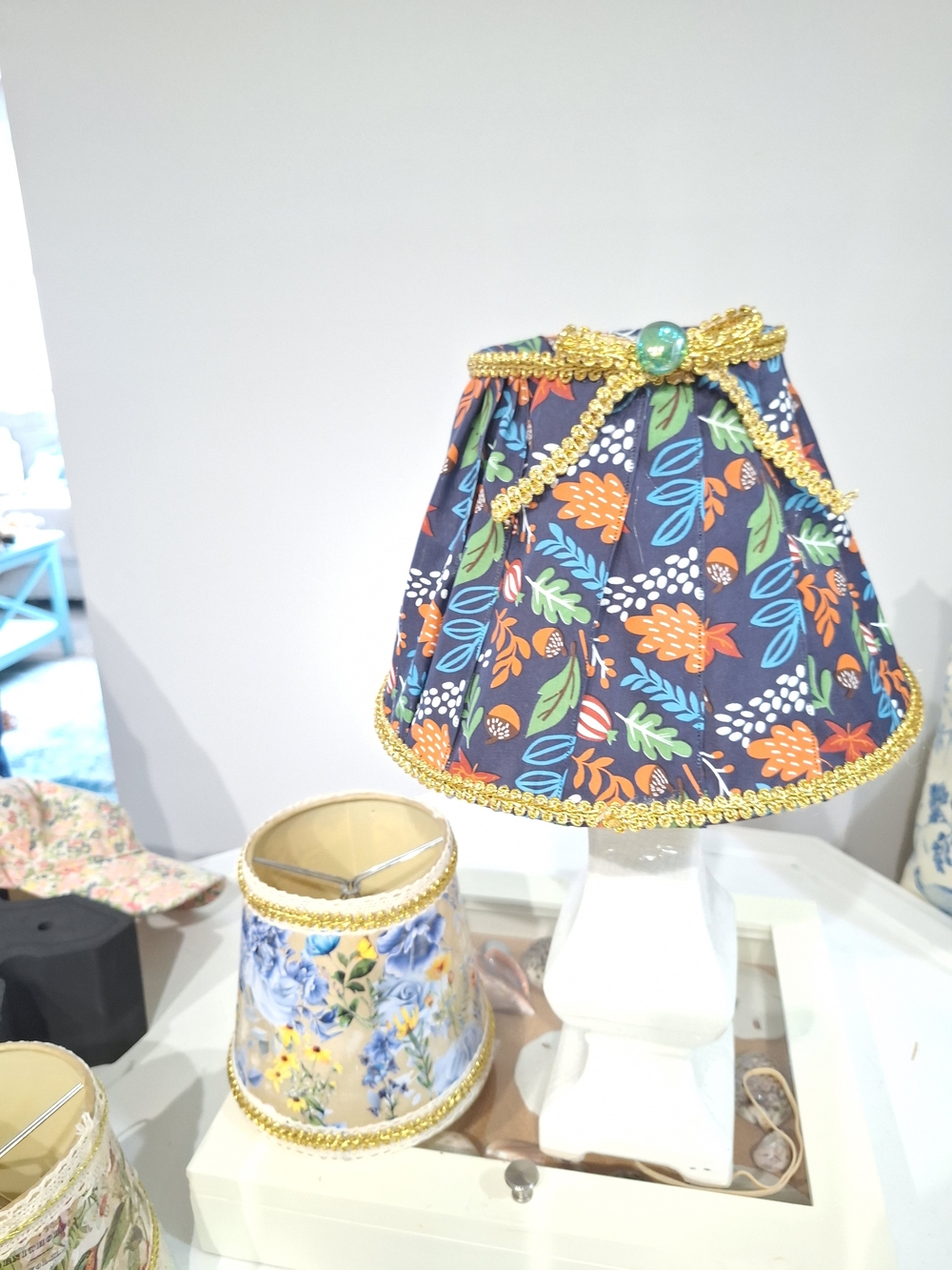 Navy Floral Table Lamp Shade with Gold Trim